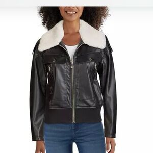 Guess black vegan leather cream collar bomber jacket